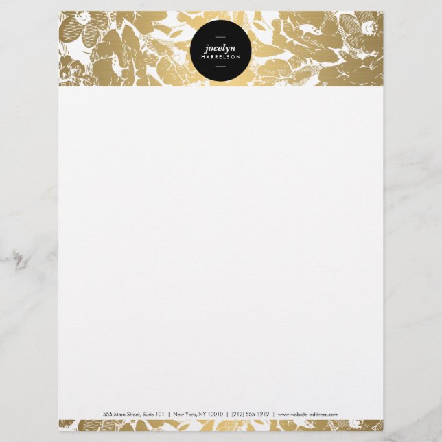 Modern Gold Flowers Black Circle Letterhead (Front)