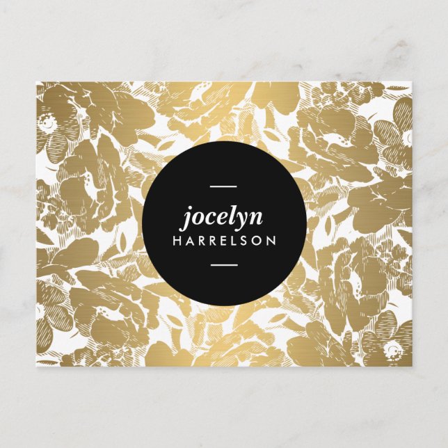 Modern Gold Flowers Black Circle Postcard (Front)