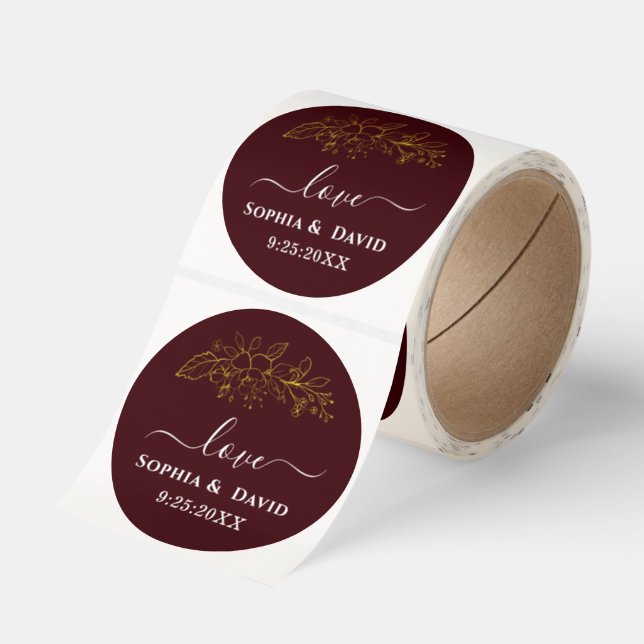 Modern Gold Flowers Deep Burgundy Wedding  Classic Round Sticker (Roll)