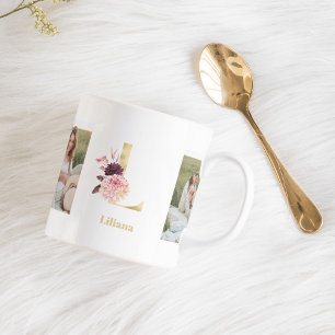 Modern Gold Flowers Letter L Two Photo Monogram Coffee Mug