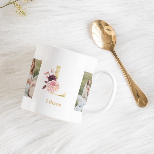 Modern Gold Flowers Letter L  Two Photo Monogram  Coffee Mug