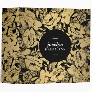 Modern Gold Flowers on Black Personalized Binder