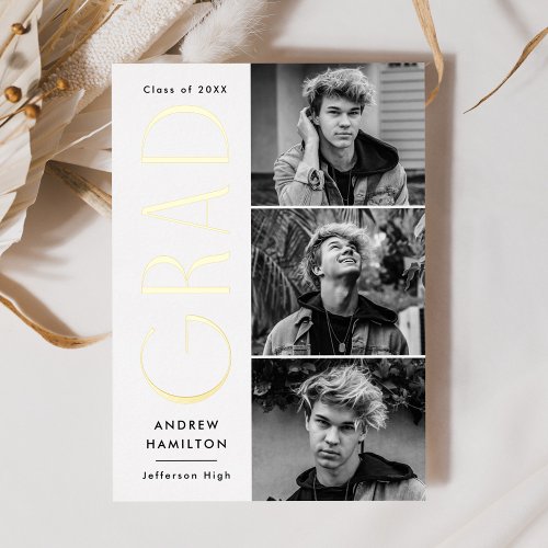 Modern Gold Foil 3 Photo Graduation Announcement