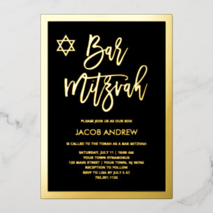 Modern Gold Foil and Black Bar Mitzvah Invitation