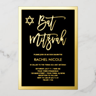 Modern Gold Foil and Black Bat Mitzvah Invitation