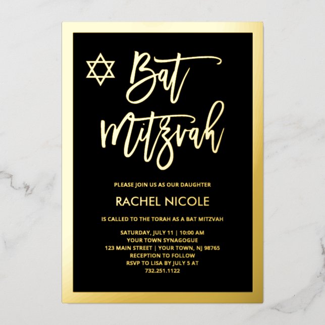 Modern Gold Foil and Black Bat Mitzvah Invitation (Front)