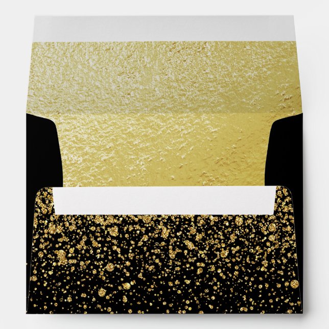 Modern Gold Foil and Confetti on Black Envelope (Back (Bottom))