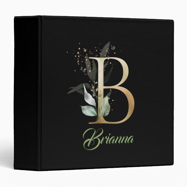 Modern gold foil B monogram greenery eucalyptus 3 Ring Binder (Front/Spine)