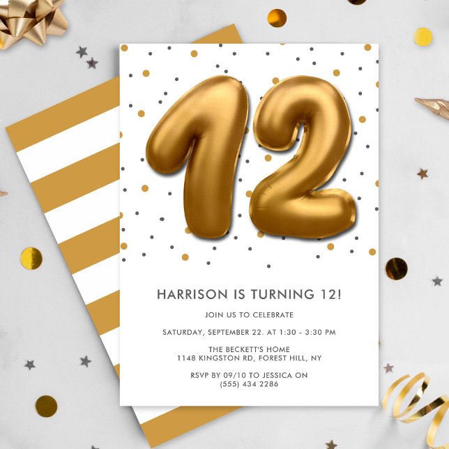 Modern Gold Foil Balloon 12th Birthday Invitation (Creator Uploaded)