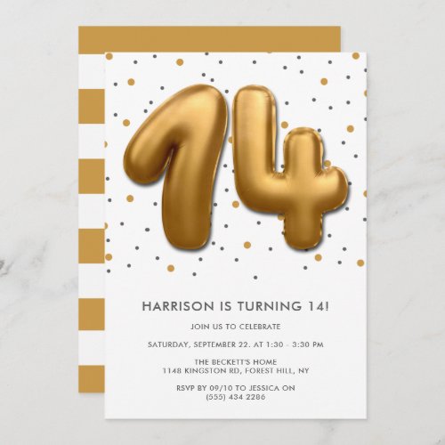 Modern Gold Foil Balloon 14th Birthday Invitation