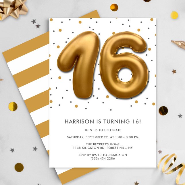 Modern Gold Foil Balloon 16th Birthday Invitation (Creator Uploaded)