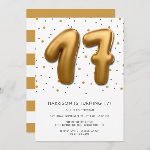 Modern Gold Foil Balloon 17th Birthday Invitation