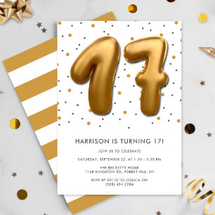 Modern Gold Foil Balloon 17th Birthday Invitation