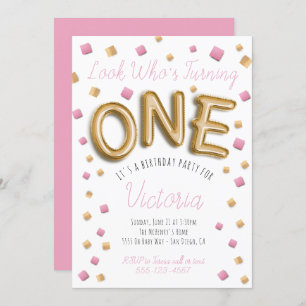 Modern Gold Foil Balloon 1st birthday Invitations