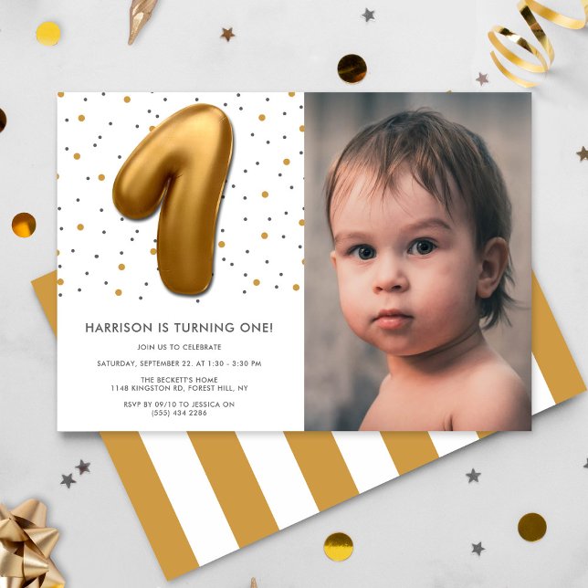 Modern Gold Foil Balloon 1st Birthday Photo Invitation (Creator Uploaded)