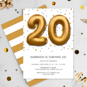 Modern Gold Foil Balloon 20th Birthday Invitation