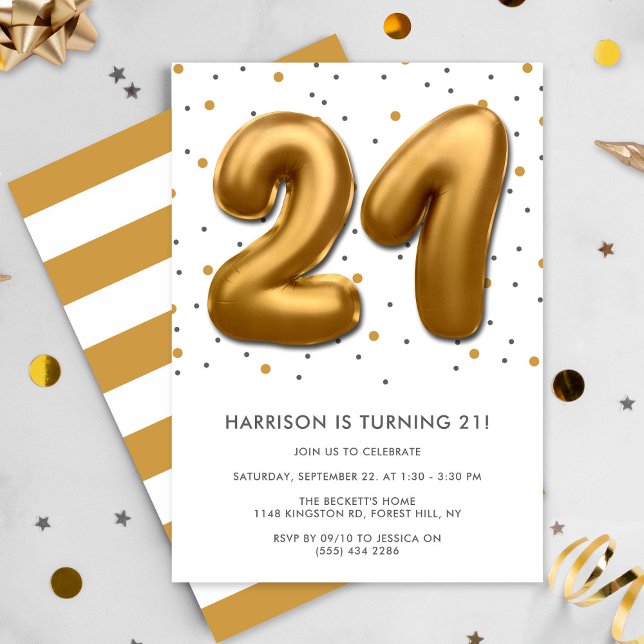 Modern Gold Foil Balloon 21st Birthday Invitation (Creator Uploaded)