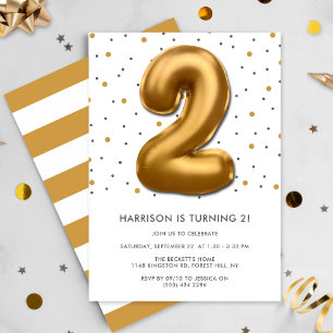 Modern Gold Foil Balloon 2nd Birthday Invitation