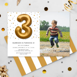 Modern Gold Foil Balloon 3rd Birthday Photo Invitation