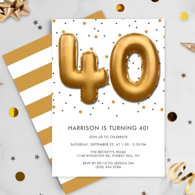 Modern Gold Foil Balloon 40th Birthday Invitation (Creator Uploaded)