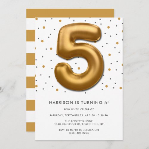 Modern Gold Foil Balloon 5th Birthday Invitation