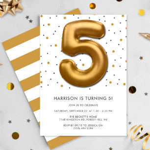 Modern Gold Foil Balloon 5th Birthday Invitation