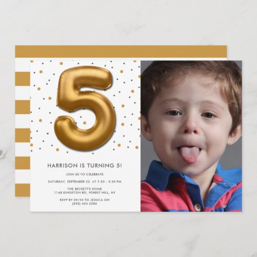 Modern Gold Foil Balloon 5th Birthday Photo Invitation