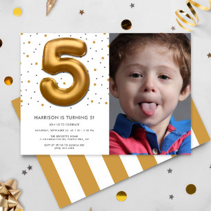 Modern Gold Foil Balloon 5th Birthday Photo Invitation