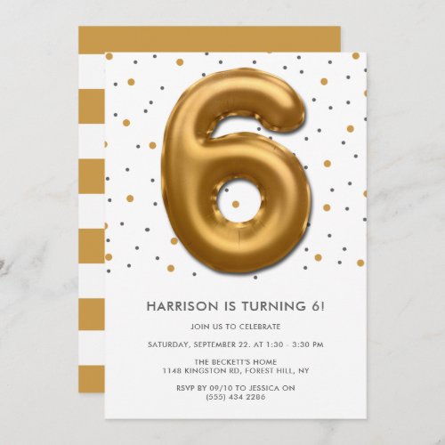 Modern Gold Foil Balloon 6th Birthday Invitation