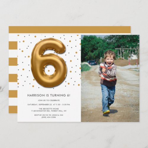 Modern Gold Foil Balloon 6th Birthday Photo Invitation