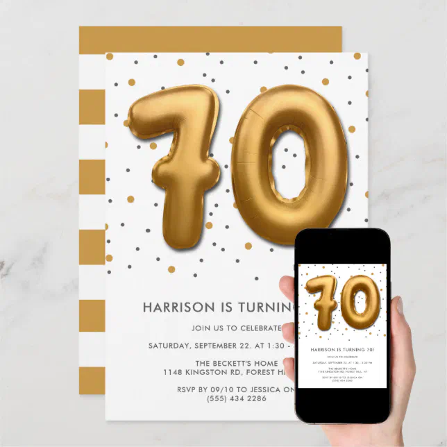 Modern Gold Foil Balloon 70th Birthday Invitation | Zazzle