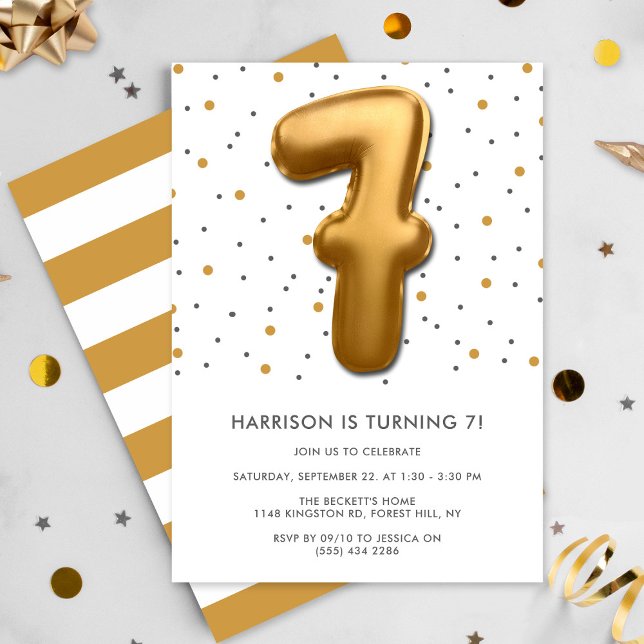 Modern Gold Foil Balloon 7th Birthday Invitation (Creator Uploaded)