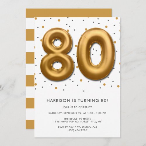 Modern Gold Foil Balloon 80th Birthday Invitation