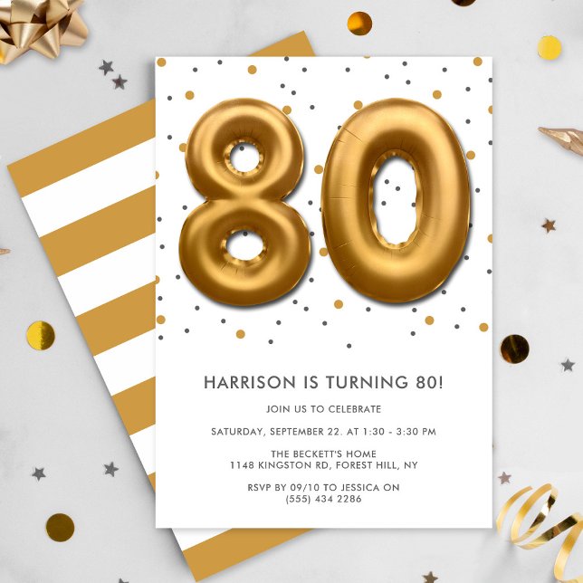Modern Gold Foil Balloon 80th Birthday Invitation (Creator Uploaded)