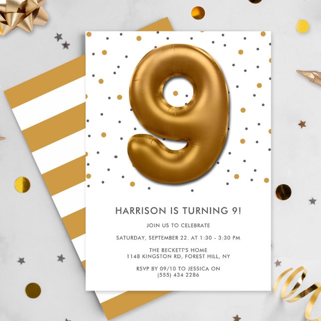 Modern Gold Foil Balloon 9th Birthday Invitation (Creator Uploaded)