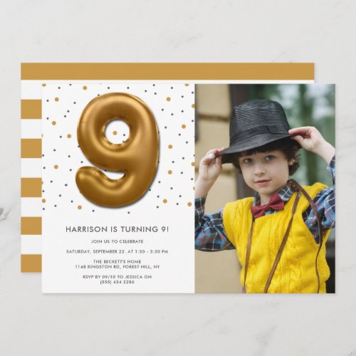 Modern Gold Foil Balloon 9th Birthday Photo Invitation