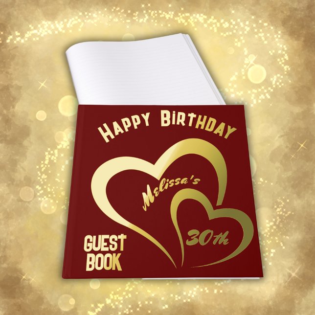 Modern Gold Foil Birthday on Maroon - Monogram | Foil Guest Book (Creator Uploaded)