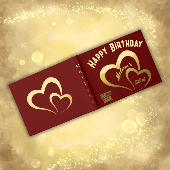 Modern Gold Foil Birthday on Maroon Monogram Small Foil Guest Book (Creator Uploaded)