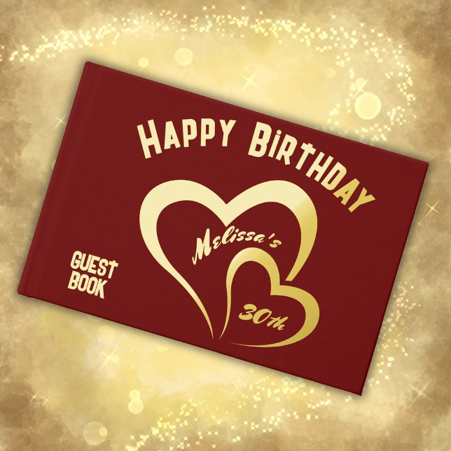 Modern Gold Foil Birthday on Maroon Rec Monogram | Foil Guest Book (Creator Uploaded)