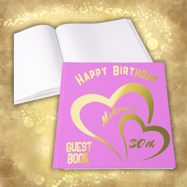 Modern Gold Foil Birthday on Pink - Monogram | Foil Guest Book (Creator Uploaded)