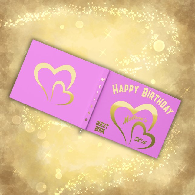 Modern Gold Foil Birthday on Pink Monogram Small Foil Guest Book (Creator Uploaded)