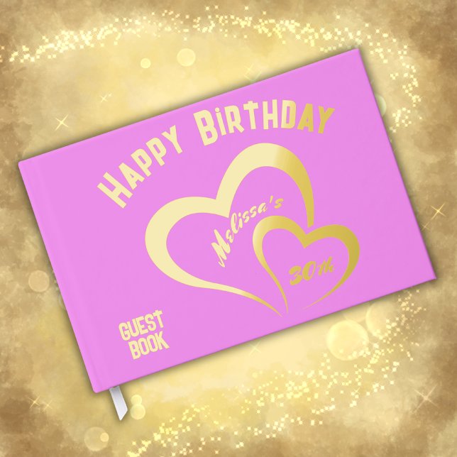Modern Gold Foil Birthday on Pink Rect. Monogram | Foil Guest Book (Creator Uploaded)