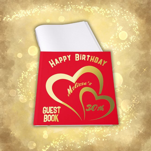 Modern Gold Foil Birthday on Red - Monogram | Foil Guest Book (Creator Uploaded)