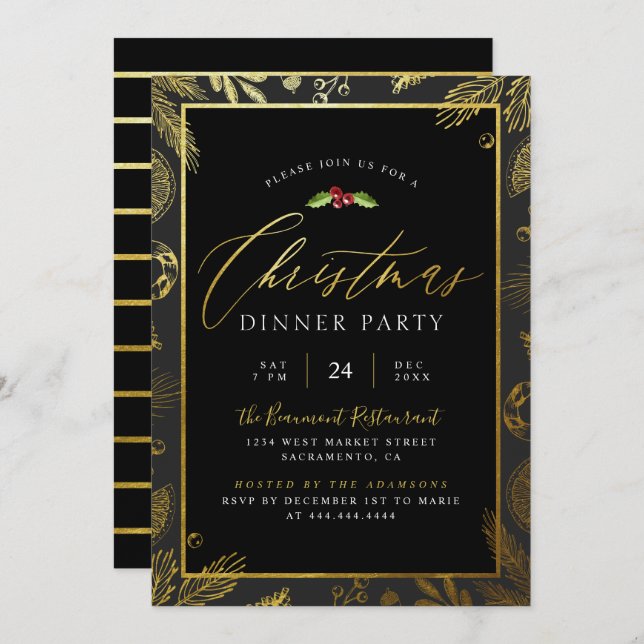 Modern Gold Foil & Black Christmas Dinner Party Invitation (Front/Back)
