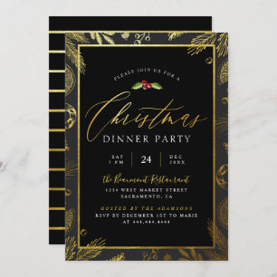 Modern Gold Foil & Black Christmas Dinner Party Invitation