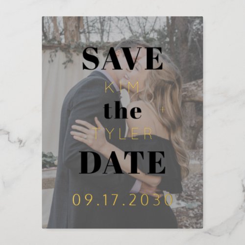 Modern gold foil black photo wedding save the date foil invitation postcard