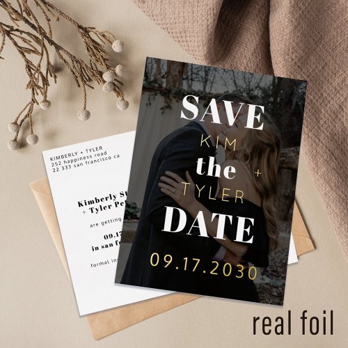 Modern gold foil black photo wedding save the date foil invitation postcard