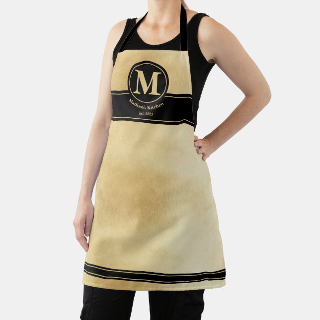 Modern Gold Foil Black Trendy Aprom Monogram Text Apron (Insitu)