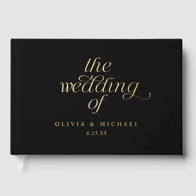 Modern Gold Foil Black Wedding Guest Book (Front)