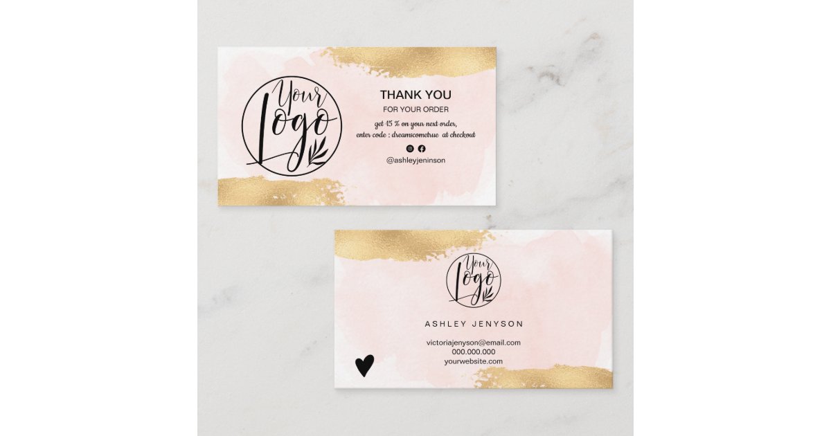 Modern gold foil brush pink logo order thank you business card | Zazzle